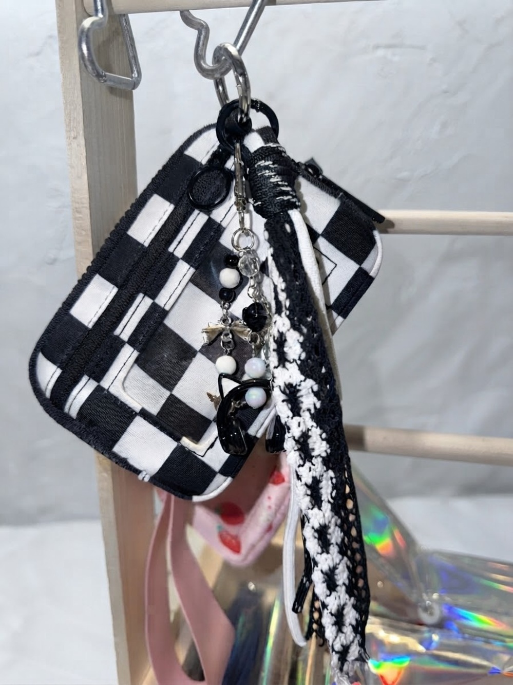 Black & White Check Wristlet Key Pouch with Beaded Charm